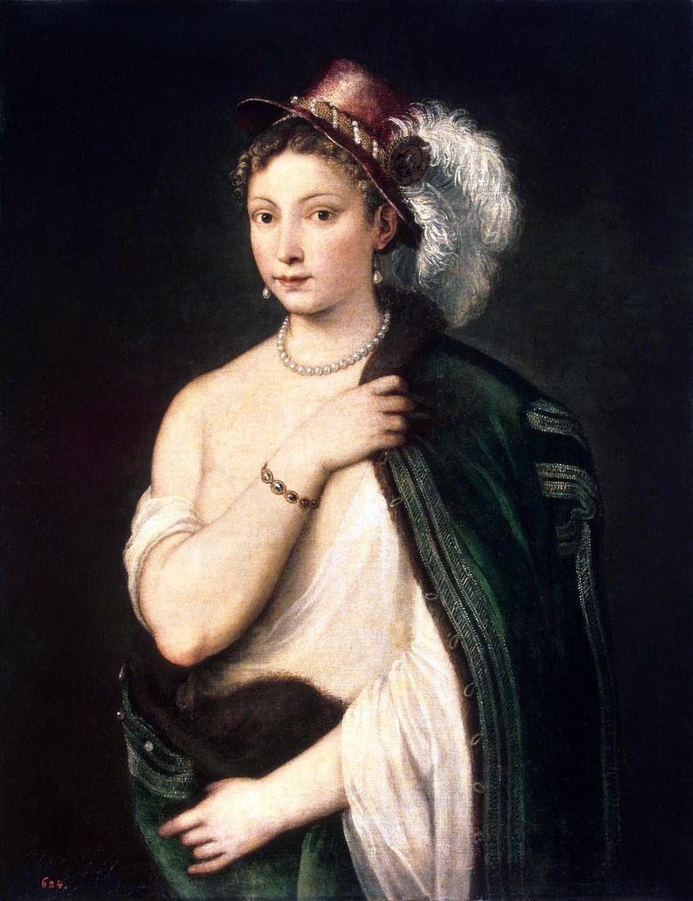 Portré, fiatal nő, kalapban, toll   Titian Vecellio